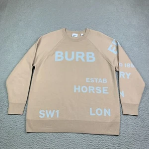 Burberry Sweater Womens L Horseferry Logo Merino Wool Blend Tan Spellout Logo - Picture 1 of 23
