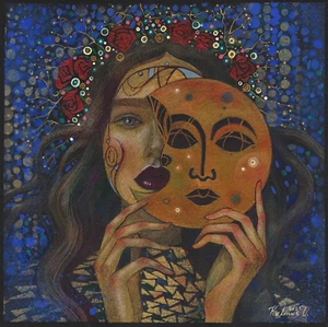 original painting 20 x 20 cm 67KO artwork pastel gold acrylic woman - Picture 1 of 4