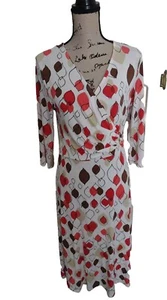 Chadwicks faux wrap midi dress 3/4 sleeve Size 8 Red white poly stretch v-neck - Picture 1 of 5