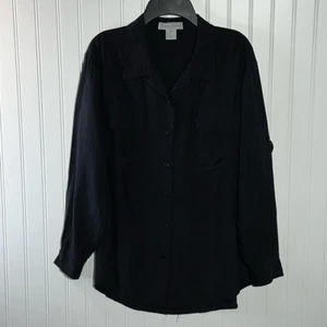 Stephanie Andrews Silk Button Down Top Women’s Medium Black Long Sleeve V-Neck - Picture 1 of 12