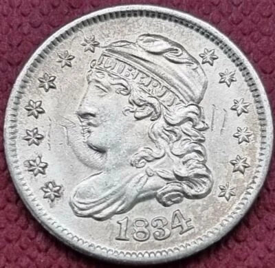 Media moneda de diez centavos busto tapado 1834 5c alto grado impresionantes detalles BU con brillo #43214 Foto 1 de 2