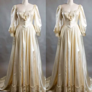 Champagne Satin Wedding Dresses Long Sleeve Scoop Neck Mid Century Bridal Gown - Picture 1 of 9