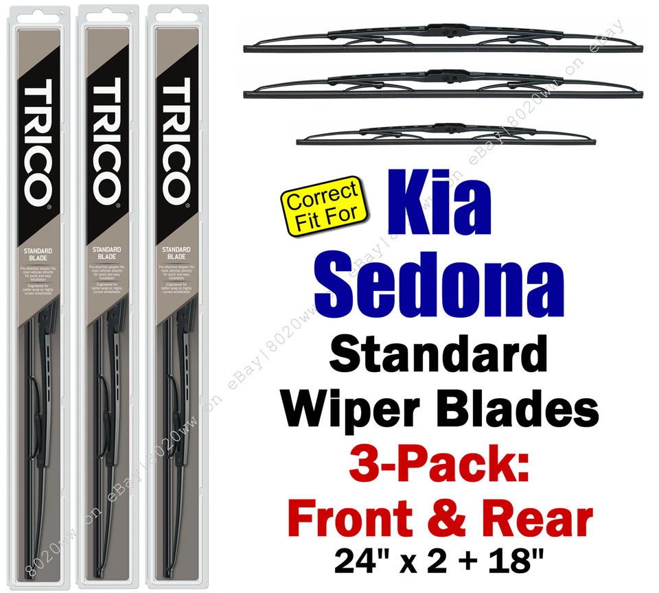 Paquete de 3 escobillas limpiaparabrisas delanteras traseras estándar - aptas para Kia Sedona 2002 - 30240x2/180 Foto 1 de 1