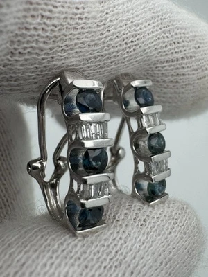 Pendientes Omega Aros Ovalados Oro 14k Diamante Natural Zafiro Oro Blanco Foto 1 de 4