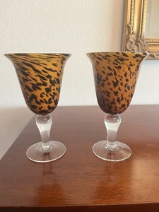 AMICI Leopard Cheetah Print 8" Wine/Water Goblets Hand Blown Pair Of 2 - Picture 1 of 7