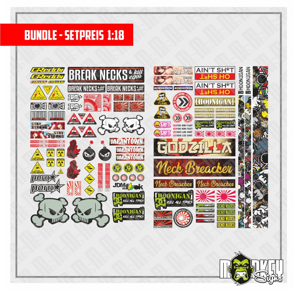 MBBE Spar 2er Bundle 1:18 RC Car Aufkleber - Japan JDM Drift Racer Aufkleber Tuning