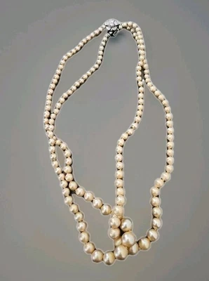 Vintage Necklace Goldtone Faux Pearl Double Strand Sterling Silver Clasp - Image 1 of 4