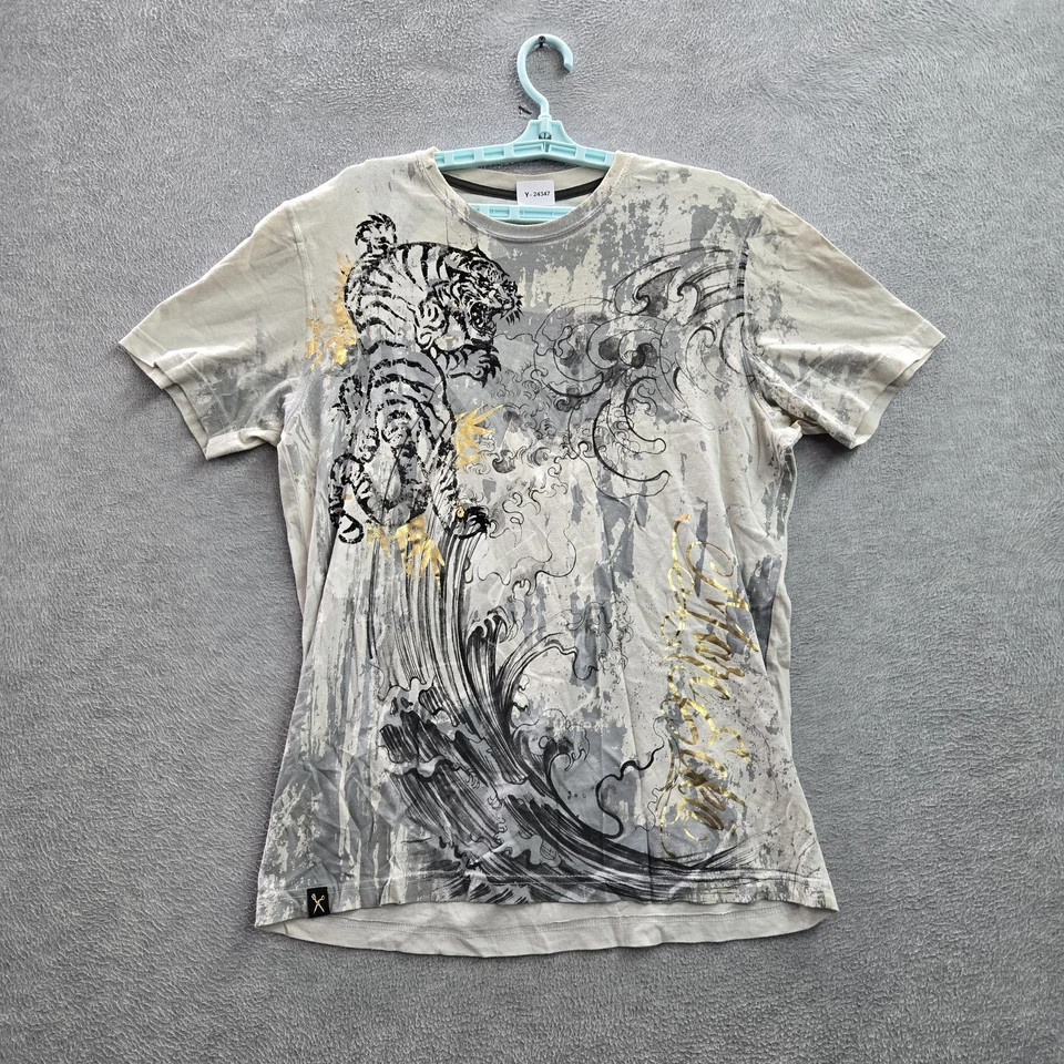 Camisa Marc Ecko Hombre M Gris Estampado Gráfico Tigre Remolino Metálico Grunge Y2K Foto 1 de 4