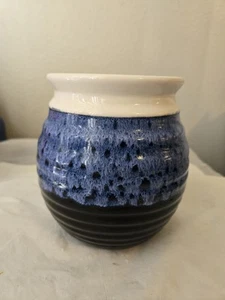 Glazed Stoneware Ribbed Vase/Jar With Colorblock Of White Blue Black, 6" Tall - Picture 1 of 6