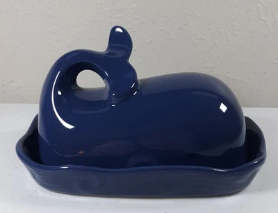 Whale Shaped Butter Dish w/Lid Navy Blue Stoneware Nautical Beach Mermaid Decor - Image 1 of 4