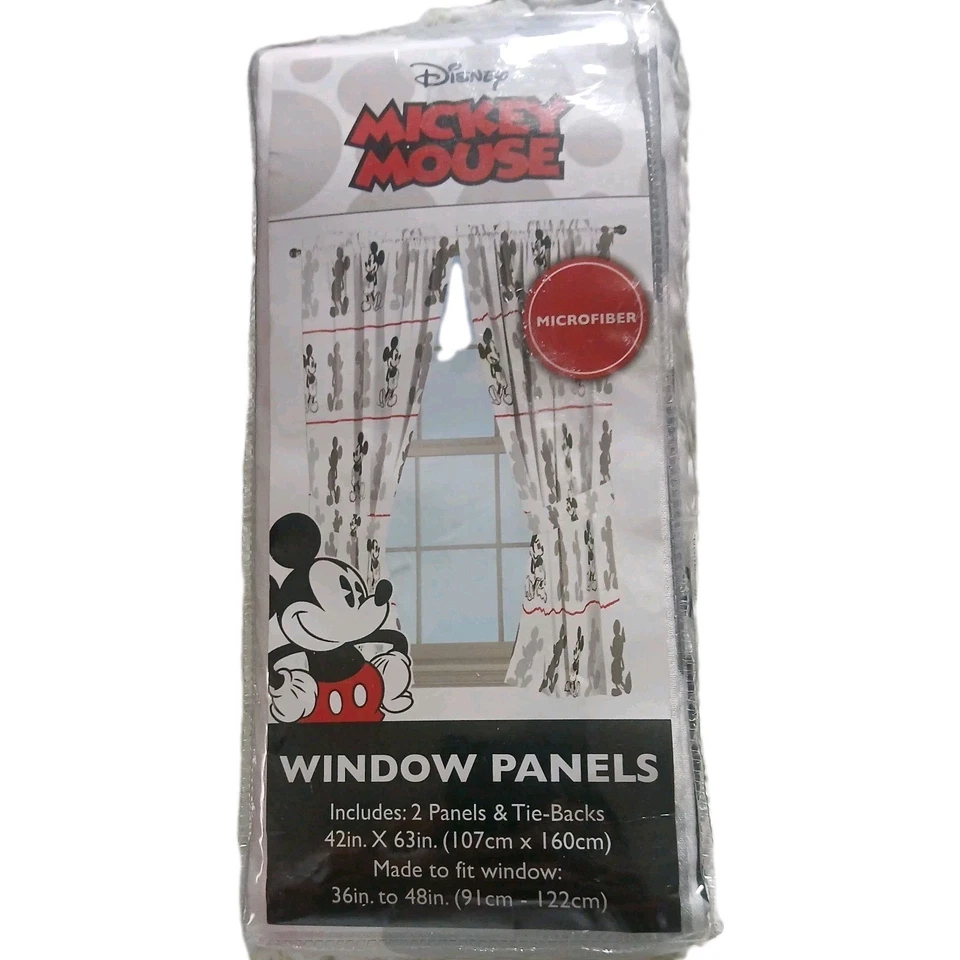 Disney Mickey Mouse Paneles Ventana Cortinas 42" x 63"_ 2 Paneles Con Corbatas Foto 1 de 2