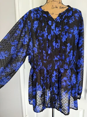 Top tórrido botão para cima manga longa azul preto rosas floral ponto suíço manchado 3X - Imagem 1 de 4