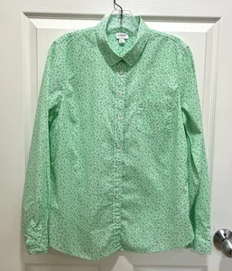 J CREW Ditzy Floral Button Up Shirt Women L Green White Cotton Long Sleeve - Picture 1 of 8