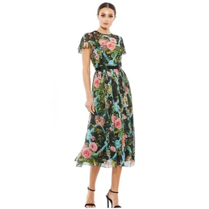 Mac Duggal Floral Illusion Flutter Sleeve Midi Dress, Size 12, NWT - Picture 1 of 6