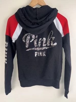 Victoria's Secret PINK Size XS Sequins Bling Zip Up Hoodie Black&red LMT 2015 - Image 1 of 4