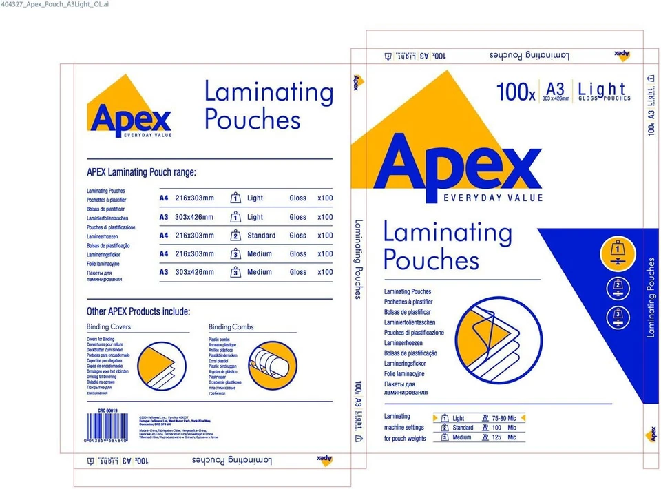 Confezione 100 Pouches Per Plastificatrici Fellowes A3 75mc 303x426 mm Apex