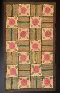 GREENS & PINKS ANTIQUE HOOKED RUG,CHECKERBOARD GARDEN DESIGN,BURLAP/WOOL,C1920 - Picture 1 of 16