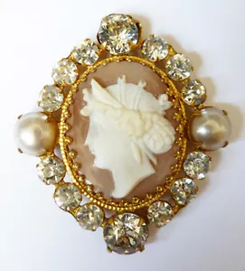 Broche pendentif médaillon métal doré + camée + strass + perle 19e siècle cameo - Imagen 1 de 3