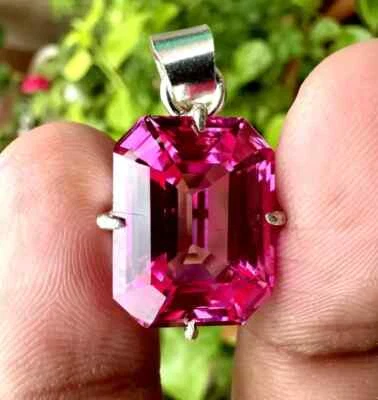 23 Karat einer Natürlichen Rosa Saphir Smaragd Schliff 925 Solid Silber Anhänger - Bild 1 von 4