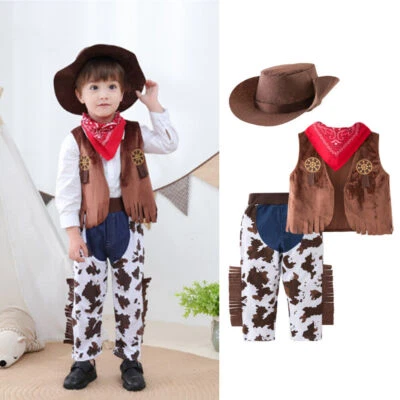 4Pcs Kid Boys Halloween Cowboy Costume Cosplay Vest+Pants Fancy Dress Up Outfits - Image 1 of 4