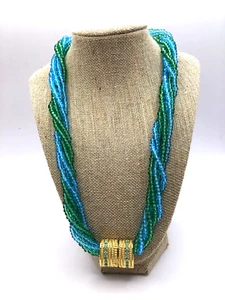Joan Rivers Signed Vintage 1980s Green and Blue 6-strand Glass Torsade Necklace - Picture 1 of 10