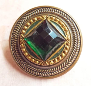 Large Gay 90s Button ~ Square Green Glass Jewel w/ Enamel Surround ~ 1-1/2" 38mm - Picture 1 of 6