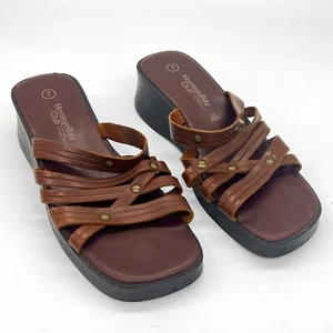 Braune Leder Square Toe Pantoletten Plateau Keilabsatz Sandalen 1990er 2000er Vintage Y2K 7 - Bild 1 von 8
