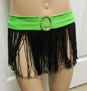  Black Fringe Skirt with Glittered Fl Green Rhinestone Buckle Belt Sml Child  - Picture 1 of 7