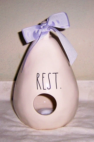 Rae Dunn LL REST Ceramic Teardrop Birdhouse with Feather Purple Ribbon NEW Cover