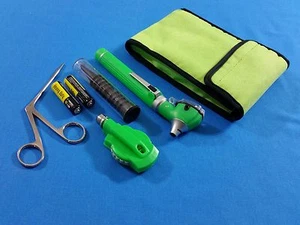 GREEN MINI FIBER OPTIC Otoscope Ophthalmoscope+Alligator forceps+Batteries KIT - Picture 1 of 5