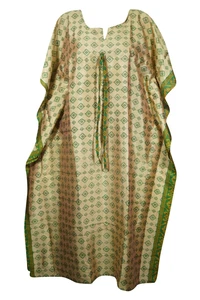 Bohemian Women's Beige Green Maxi Kaftan Beach Cover up Printed Resort Wear 2XL