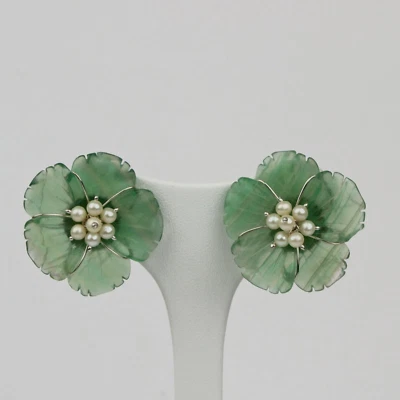 ORECCHINI  ARGENTO 925 FIORE FLUORITE 30 mm E PERLE 3 mm ACQUA DOLCE   AGHT 0752 - Immagine 1 di 3