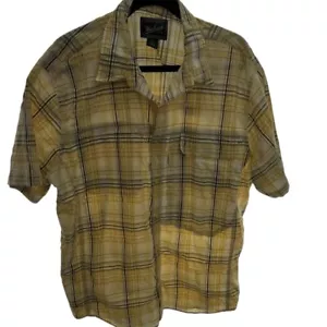 Woolrich Mens XLarge short Sleeve Green brown yellow Plaid Checks Flannel Shirt - Picture 1 of 12