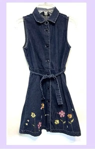 Gap Denim Shirt Dress Girls Large (12-14) Sleeveless Button Up Belt Embroidered - Picture 1 of 6
