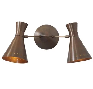 Brass Wall Sconce Double Light Shade Mid Century Style Articulated Lamp Fixture - Picture 1 of 5