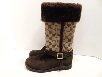 COACH DeeAnn Brown Suede Fur Trimmed Boots Size 8 Monogram Jacquard - Image 1 of 4