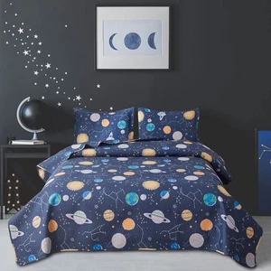 3 Pieces Kid's Galaxy Outer Space Zodiac Planets Bedspread Coverlet Set Fullo... - Picture 1 of 9