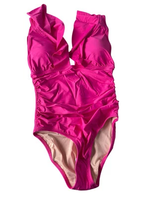 J. Crew Ruched Ruffle One-Piece Swimsuit Size 10 Pink Fuchsia V Neck New Cruise - Image 1 of 4