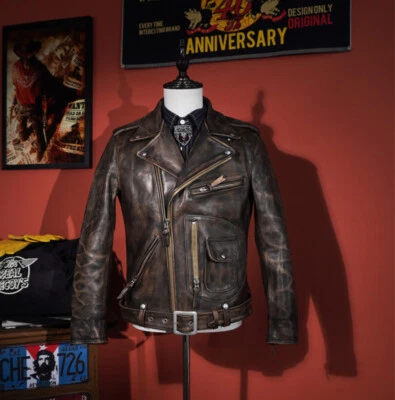 Color Frotado a Mano Antiguo J22 Núcleo de Té Cuero de Vaca Cremallera Oblicua Delgado Para Hombre Motociclista Foto 1 de 4