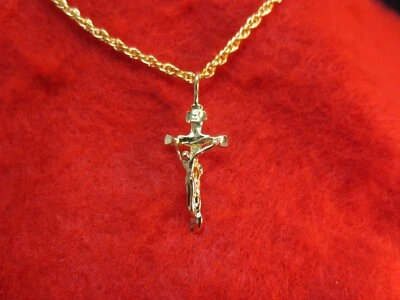 Pendentif Croix Crucifix En Or 14 KT 1 1/8" Avec Chaîne En Corde De 30" -2056 - Photo 1/3