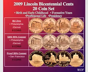 2009 P D S LINCOLN CENT 20 COIN SET BU ZINC + SMS 95% COPPER + PROOF 95% COPPER - Picture 1 of 9