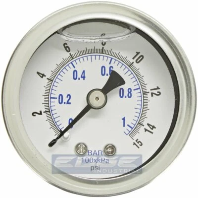 LIQUID FILLED PRESSURE GAUGE 0-15 PSI, 1.5" FACE, 1/8" NPT BACK MOUNT - Image 1 of 2