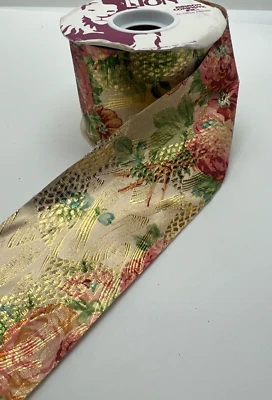 2 5/8" x 25" Yards Lion Ribbon Co. Gold, Pink Floral Print Ribbon - Image 1 of 4