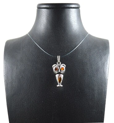 Ciondolo a forma di Gufo in Argento 925 e Ambra Baltica Made In Italy - Immagine 1 di 4