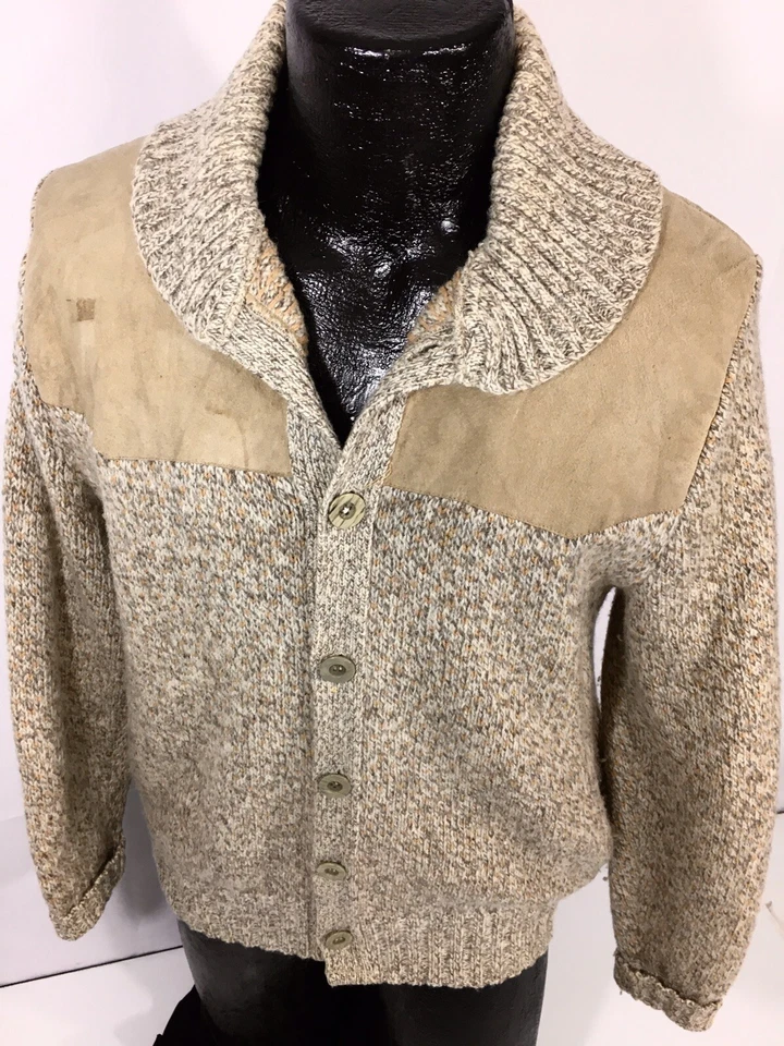 Vtg NORDIC Western SUEDE Leather Wool Knit ROCKABILLY Sweater Shawl Cardigan M - Image 1 of 4