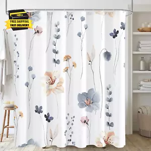 Watercolor Floral Shower Curtain, Blue Beige Flower Shower Curtain for Bathroom, - Picture 1 of 7