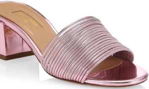 Nuevo AQUAZZURA $550 Brazalete Rosa Brillante Metal Tacón de Bloque Mulas Italia EU 37.5 - Imagen 1 de 7