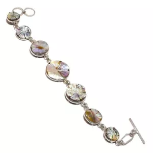 Vintage Mother of Pearl Gemstone Handmade Engraved Flower Statement MOP Bracelet - Picture 1 of 3