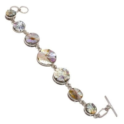 Vintage Mother of Pearl Gemstone Handmade Engraved Flower Statement MOP Bracelet - Image 1 of 3