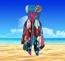 Women’s Summer Patchwork Dress,Red Blue 2 IN 1 Maxi Skirt Hippie Dress CottonS/M